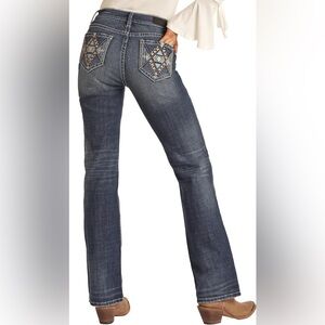 ROCK&ROLL DENIM MID RISE STRETCH‎ AZTEC LEATHER EMBROIDERED BOOTCUT JEANS -28x34